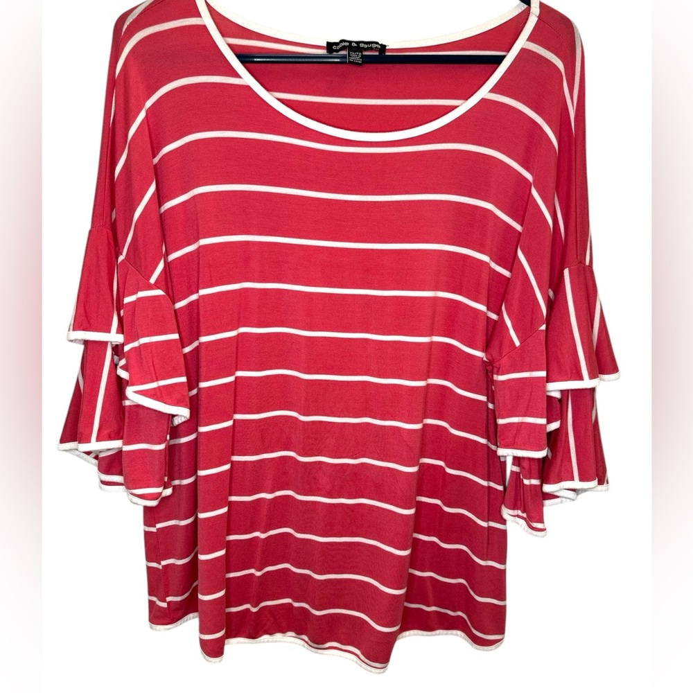 Cable & Gauge Women’s Striped Ruffle Sleeve Top-Size Extra Large-XL Coral/White